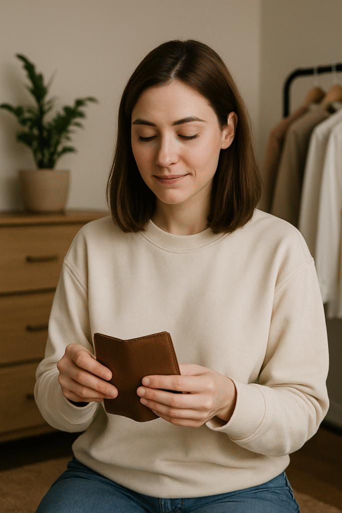 "Young woman holding a wallet during a no-buy month to embrace sustainable shopping secrets and mindful consumption"