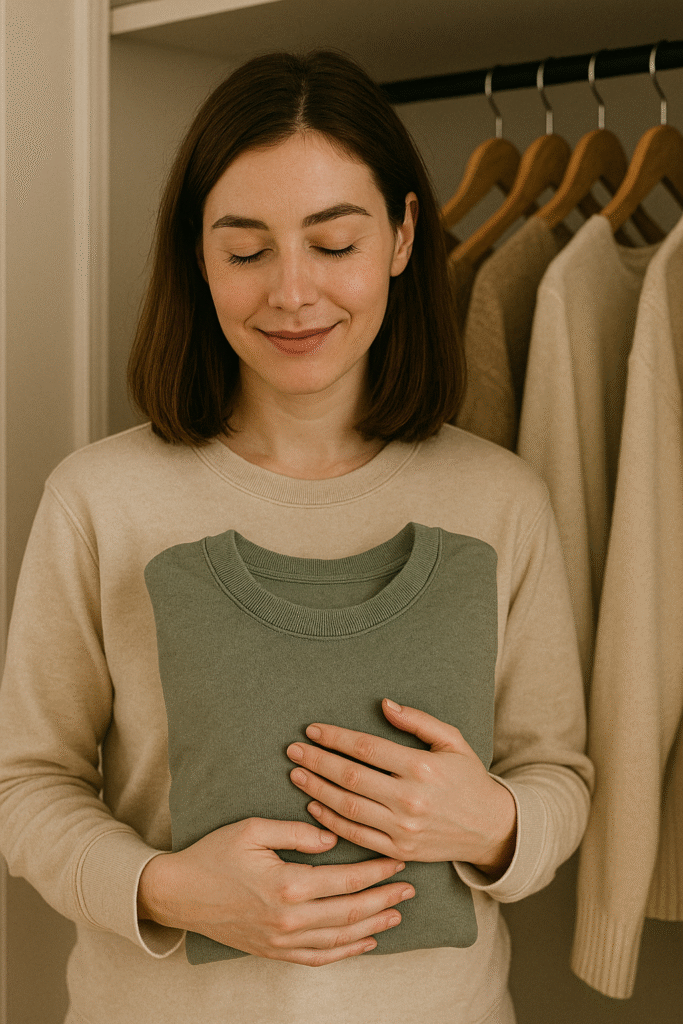 "Young woman smiling peacefully while holding a folded sweater in front of her organized wardrobe, practicing gratitude for sustainable fashion"