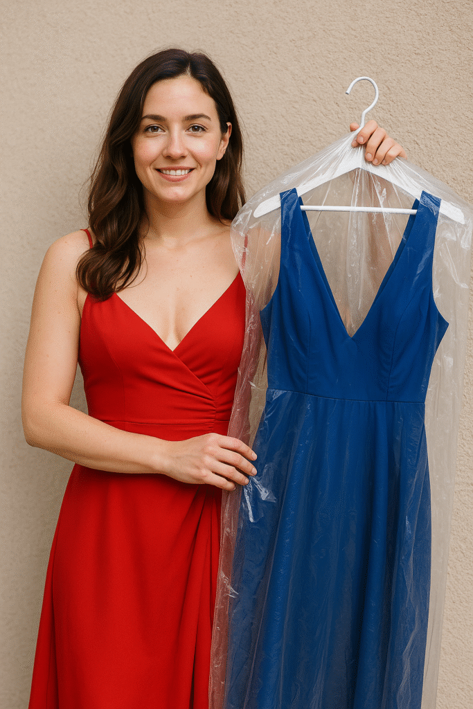 Stylish woman holding a rented occasion dress, showcasing sustainable shopping secrets for fashionable women.