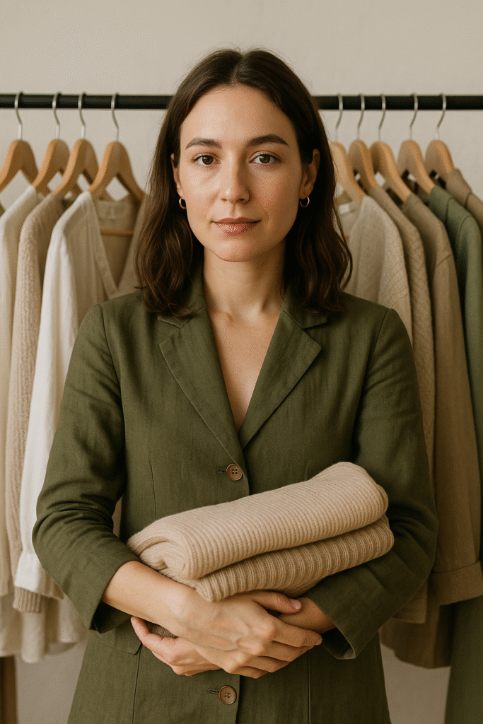 A stylish young woman embraces sustainable fashion by curating timeless, eco-friendly wardrobe choices—an essential example of sustainable shopping secrets.