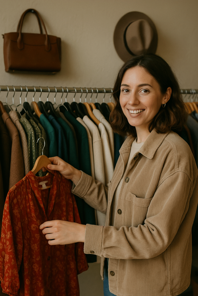 "Stylish young woman smiling while shopping for vintage clothing in a thrift store, holding a red floral dress among racks of second-hand garments—showcasing sustainable shopping secrets."