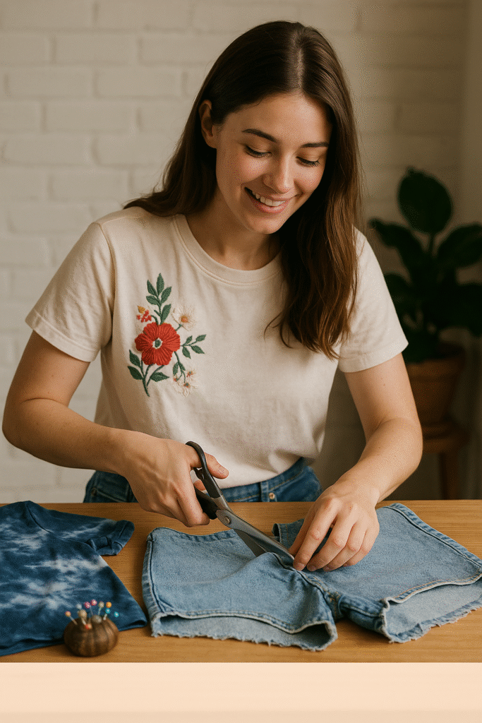 Stylish woman upcycling old jeans into shorts as part of sustainable shopping secrets for eco-conscious women.