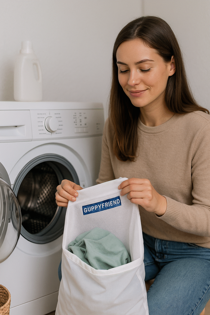 "Young woman using a Guppy friend bag to do eco-friendly laundry at 30°C, following sustainable shopping secrets"
