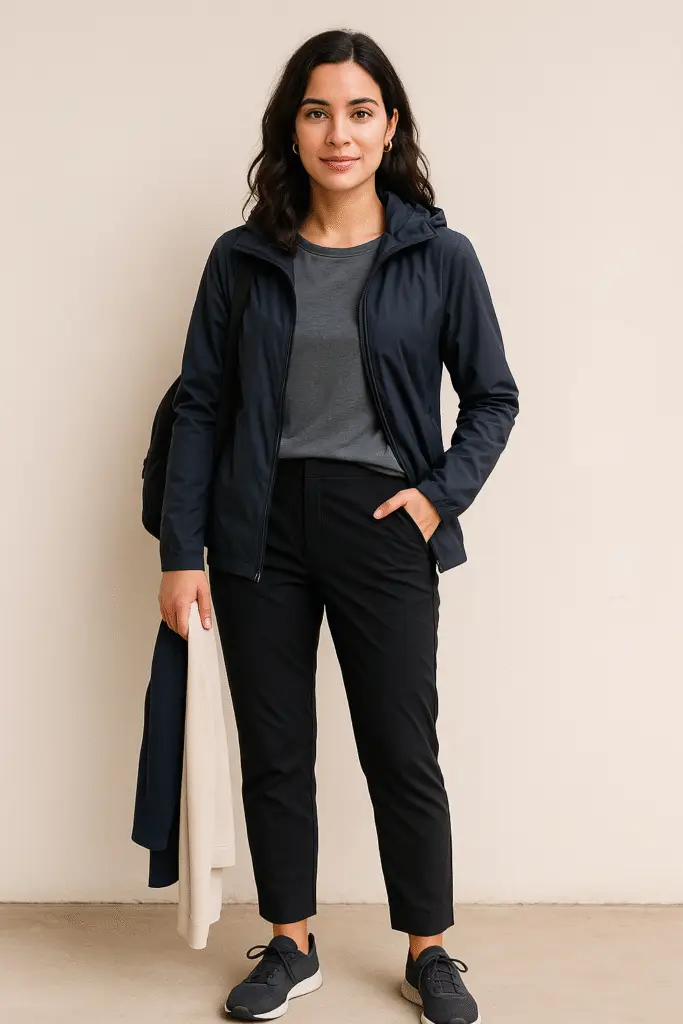 A stylish woman wearing a sustainable capsule wardrobe with neutral layers, technical fabrics, and a backpack—ready for eco-friendly travel.