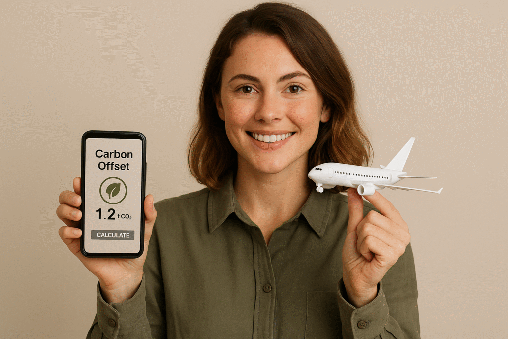 A smiling woman holding a model airplane in one hand and a smartphone displaying a carbon offset calculator in the other, representing responsible air travel and eco-conscious carbon offsetting.