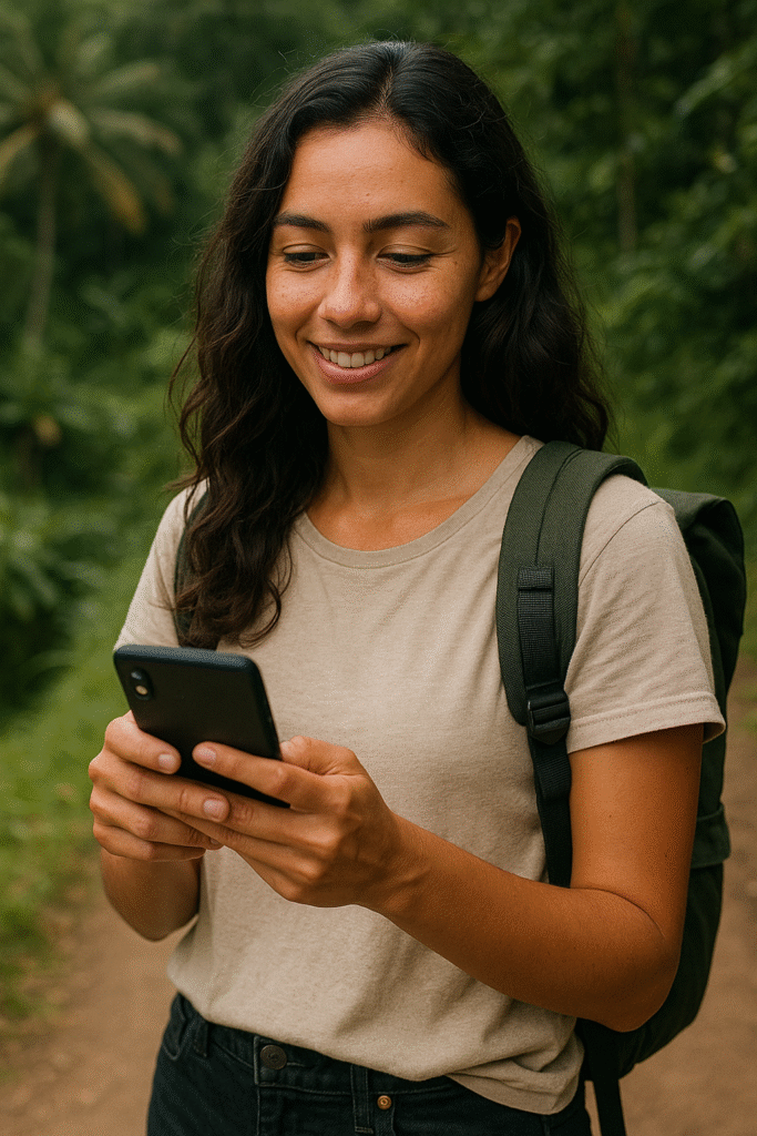 Eco-friendly female traveller using her smartphone to access digital maps and e-tickets, promoting sustainable travel hacks by going paperless.