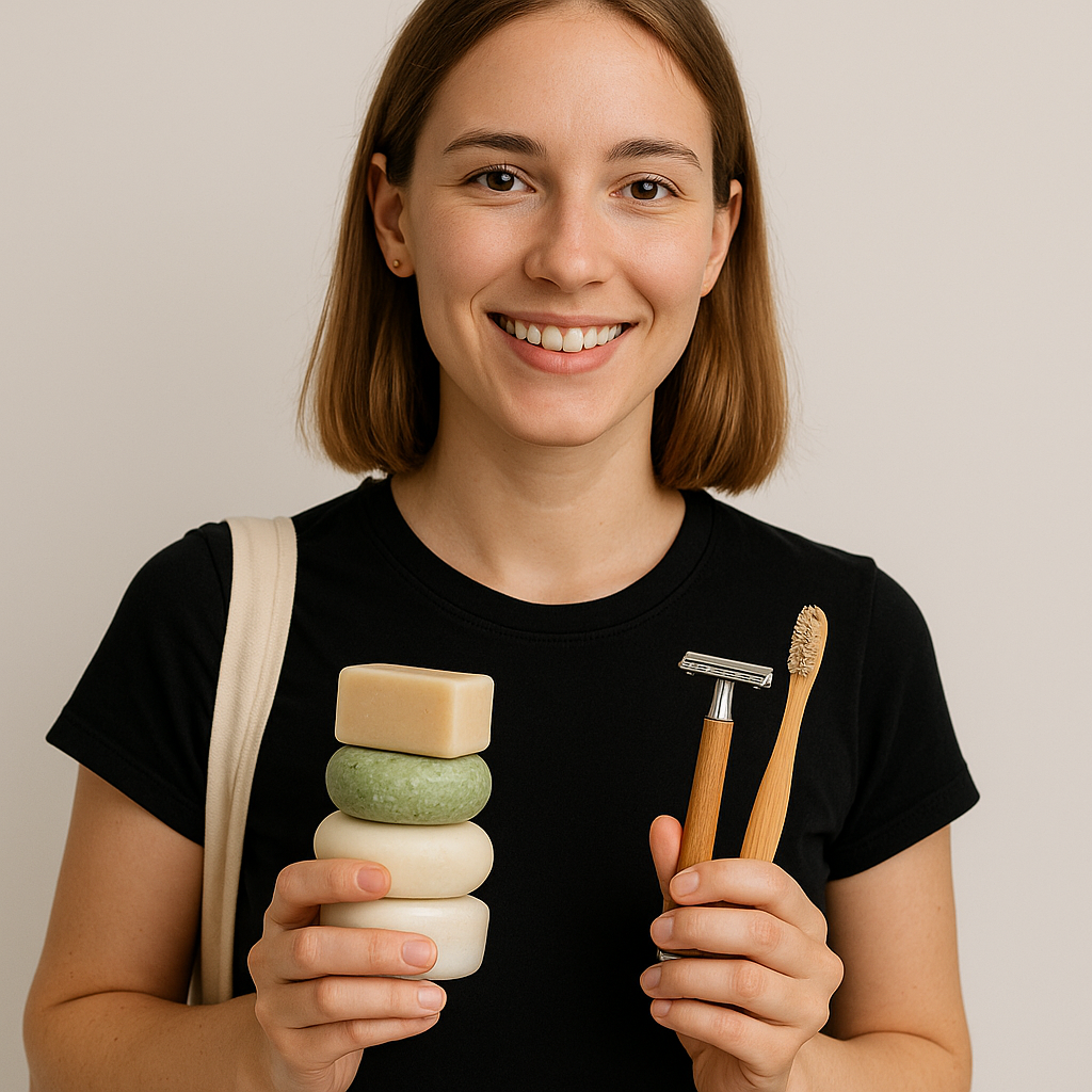 A young woman holding solid shampoo bars, a bamboo toothbrush, and a safety razor—ideal zero-waste toiletries for sustainable travel.