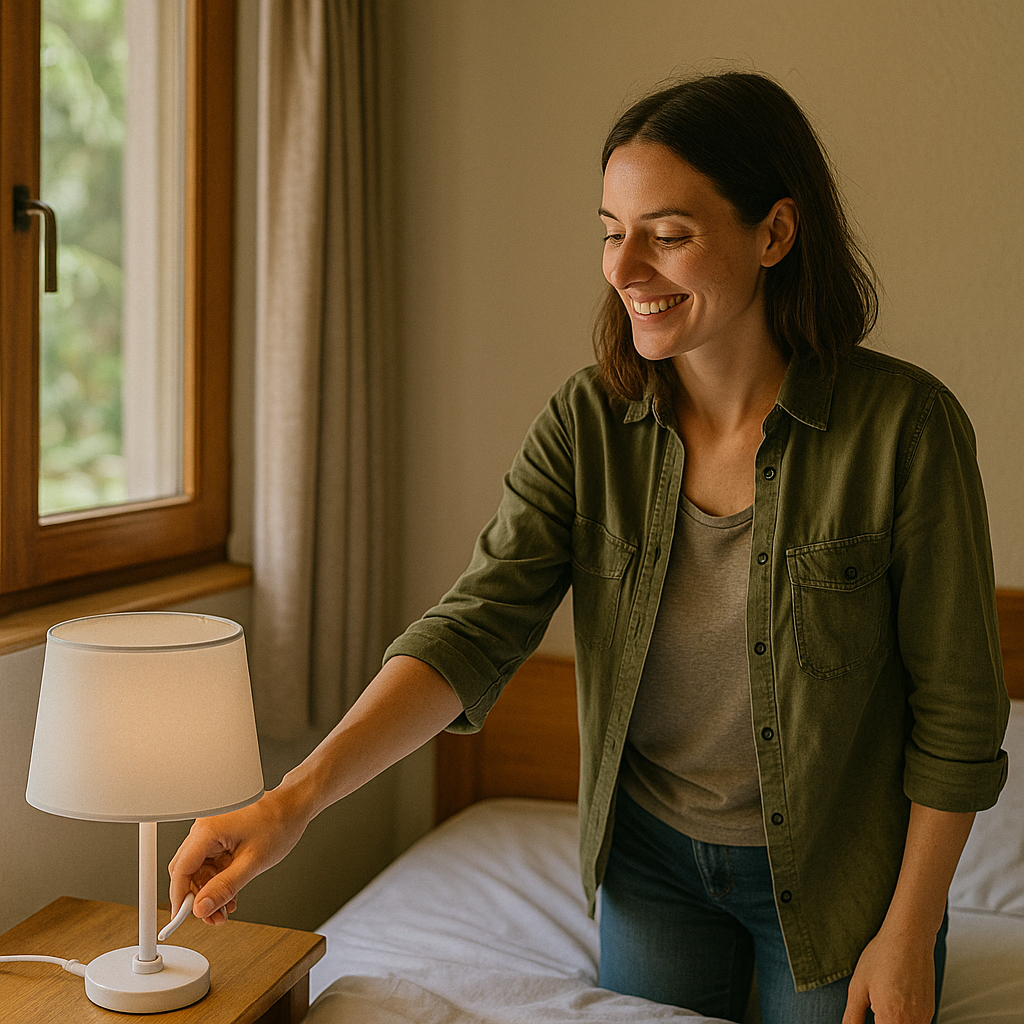 Eco-conscious female traveler turning off a bedside lamp in a naturally lit room, practicing energy-saving habits during sustainable travel.