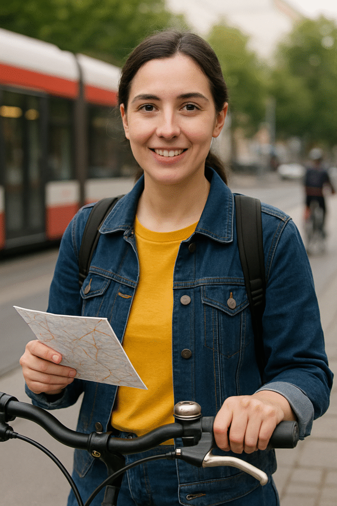 A smiling young woman holding a map and a bicycle in an urban setting, with a tram and cyclist in the background—symbolizing eco-friendly and low-impact travel options.