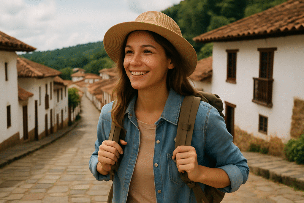 A young woman smiling while exploring a quiet cobblestone street in a charming village, illustrating off-peak travel to hidden destinations.