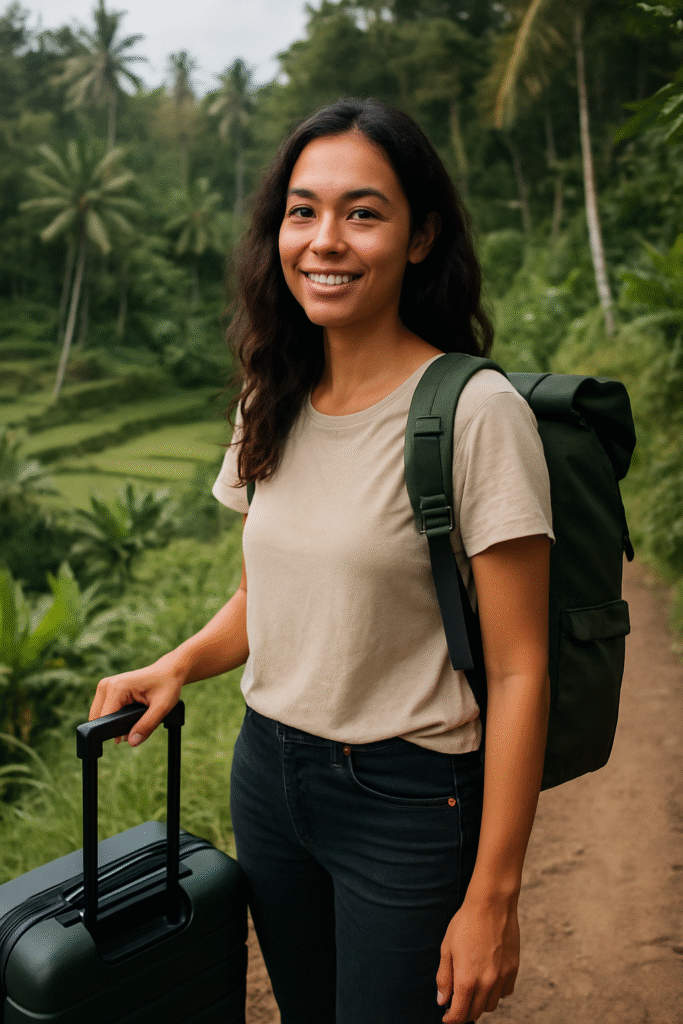 A young eco-conscious traveller with a minimalist suitcase and backpack walking through lush greenery, embodying sustainable travel hacks.