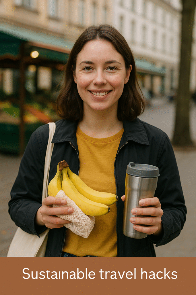A young woman holding a reusable tote bag, stainless steel travel mug, and mesh produce bag with bananas at an outdoor market, promoting plastic-free travel habits.