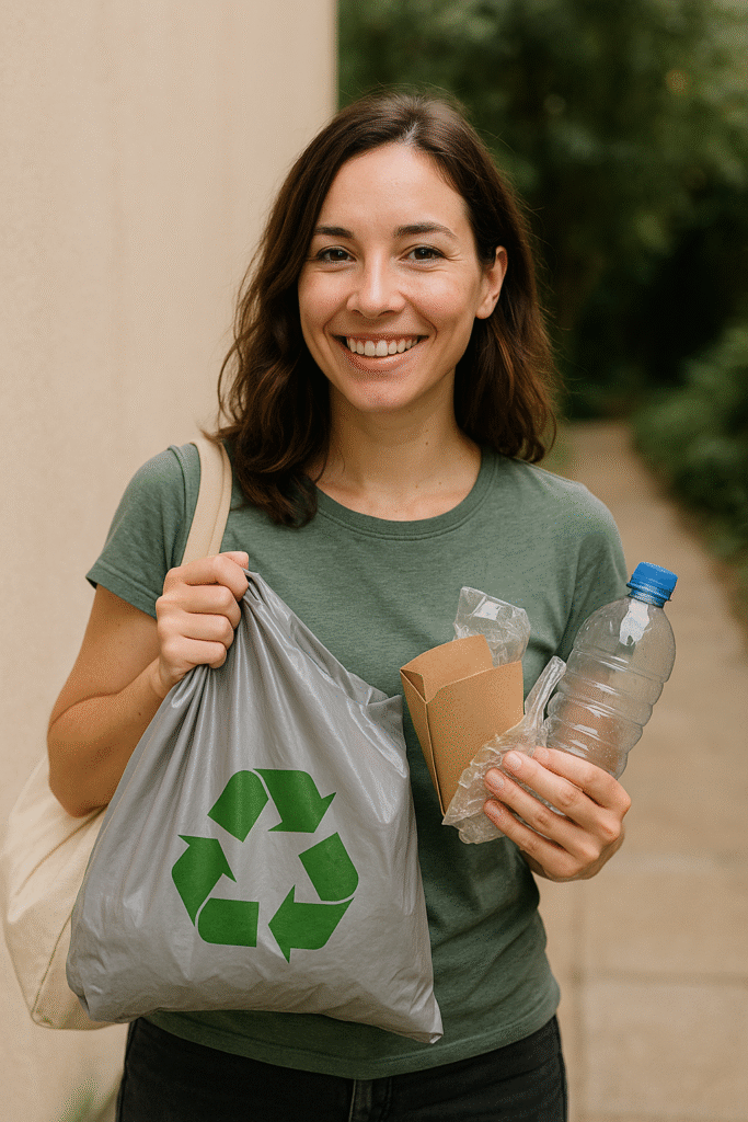 A young woman holding a bag with the recycling symbol and recyclable items like a plastic bottle and paper container, promoting mindful waste management while traveling.
