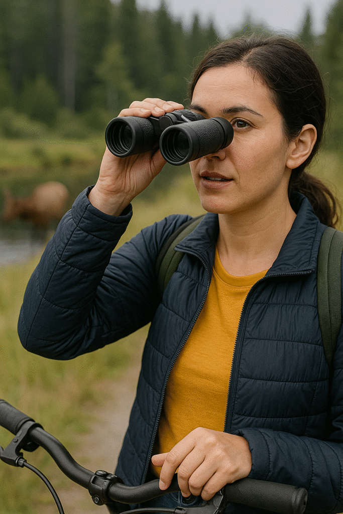 A woman in a mustard shirt and navy jacket using binoculars to observe wildlife from a distance in a forest clearing, promoting responsible and ethical travel practices.