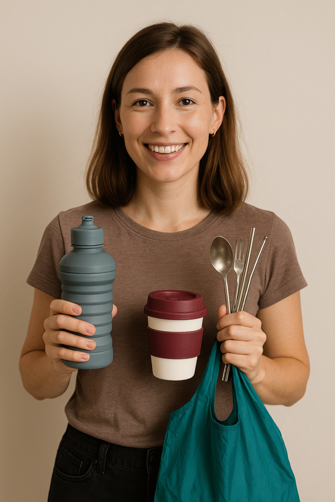 A woman holding essential zero-waste travel items including a collapsible water bottle, reusable coffee cup, stainless steel cutlery, and a foldable shopping bag—key tools for sustainable travel.