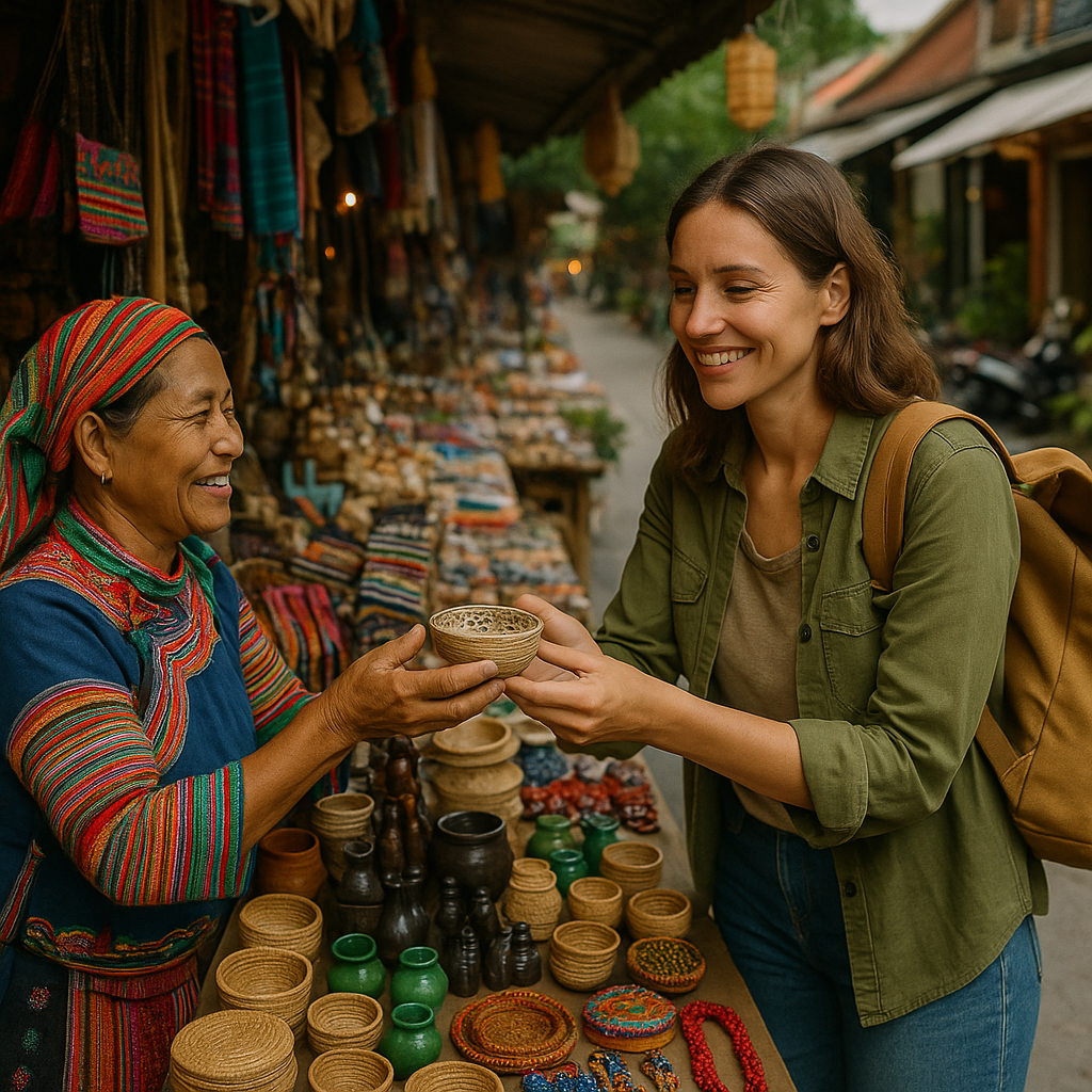 A smiling female traveller purchasing handmade crafts from a local artisan at a vibrant outdoor market, demonstrating support for the local economy through sustainable travel hacks.