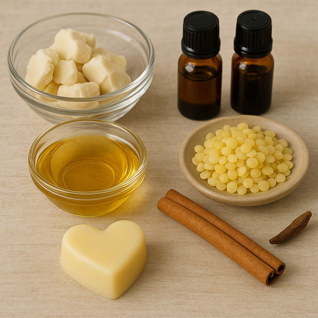 Heart-shaped vanilla spice lotion bar with shea butter, apricot kernel oil, beeswax, and cinnamon sticks displayed on a wooden surface.