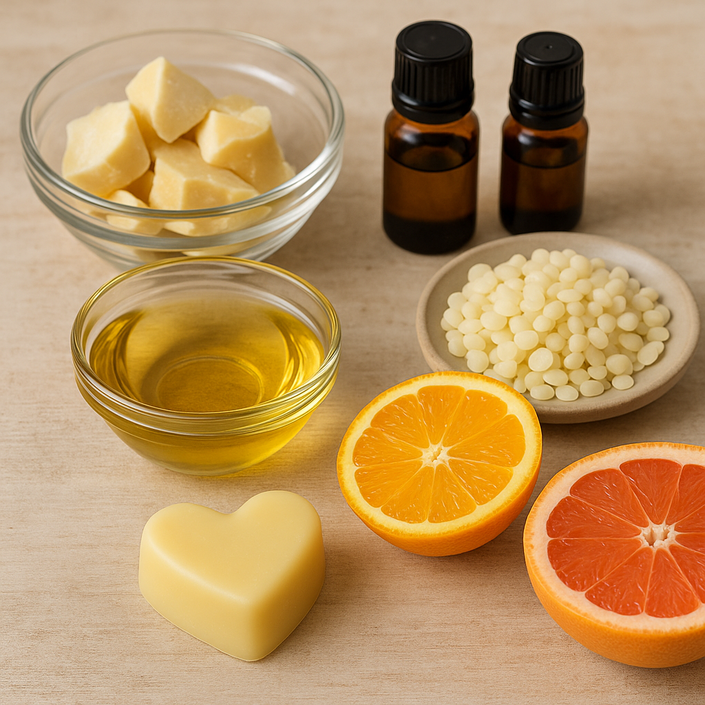 Heart-shaped citrus lotion bar made with cocoa butter, sweet almond oil, candelilla wax, and essential oils, surrounded by natural ingredients.