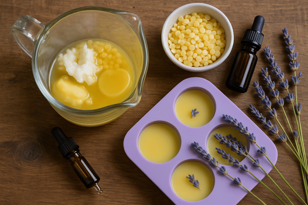 DIY lavender dream lotion bar ingredients — shea butter, coconut oil, beeswax pellets, lavender essential oil, and silicone molds for homemade zero waste lotion bar recipes.