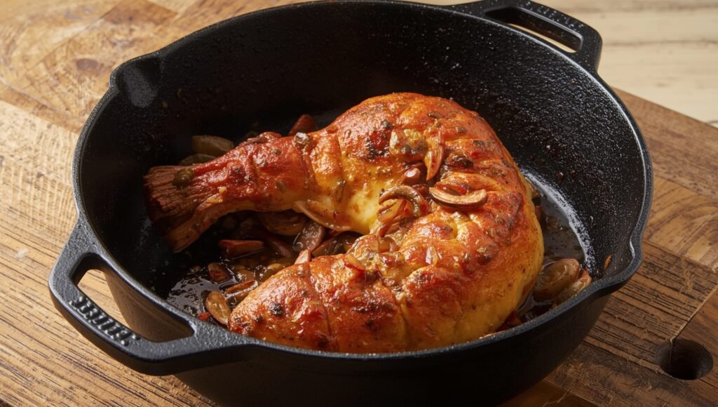 Pre-seasoned Lodge cast iron skillet with golden roasted chicken leg and mushrooms, highlighting affordable non-toxic cookware trusted by home cooks