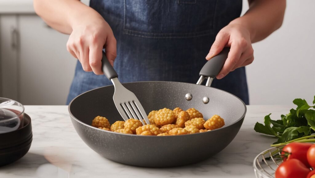 Home cook testing a versatile ceramic-coated pan with stainless steel handles on a modern induction stove