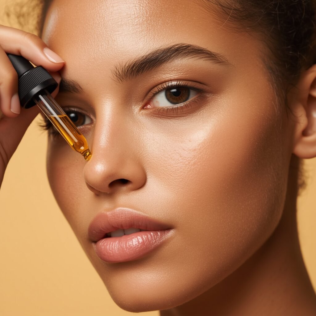 "Close-up of woman applying brightening vitamin C and sea buckthorn serum-moisturizer, part of clean DIY skincare and non-toxic recipes"