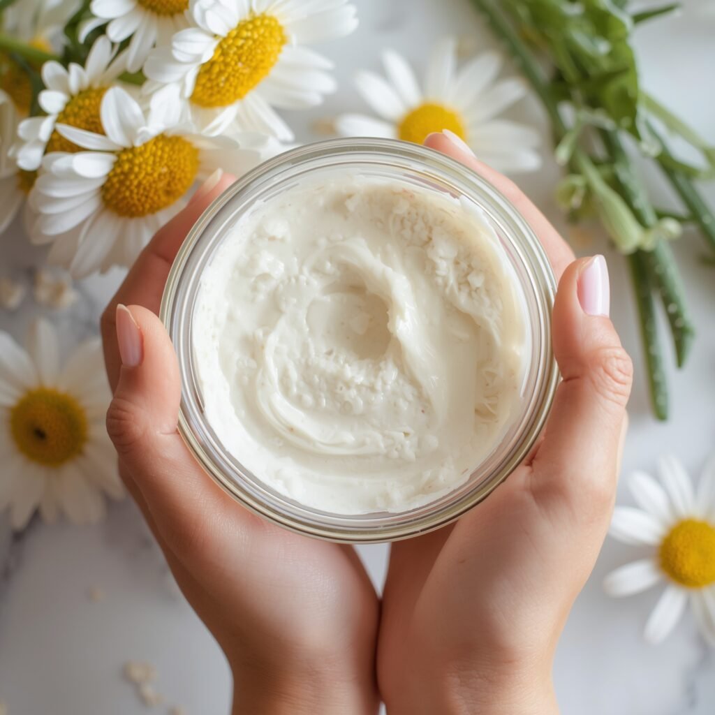 "Handcrafted chamomile and oatmeal cream in a glass jar, part of clean DIY skincare and non-toxic moisturizer recipes"