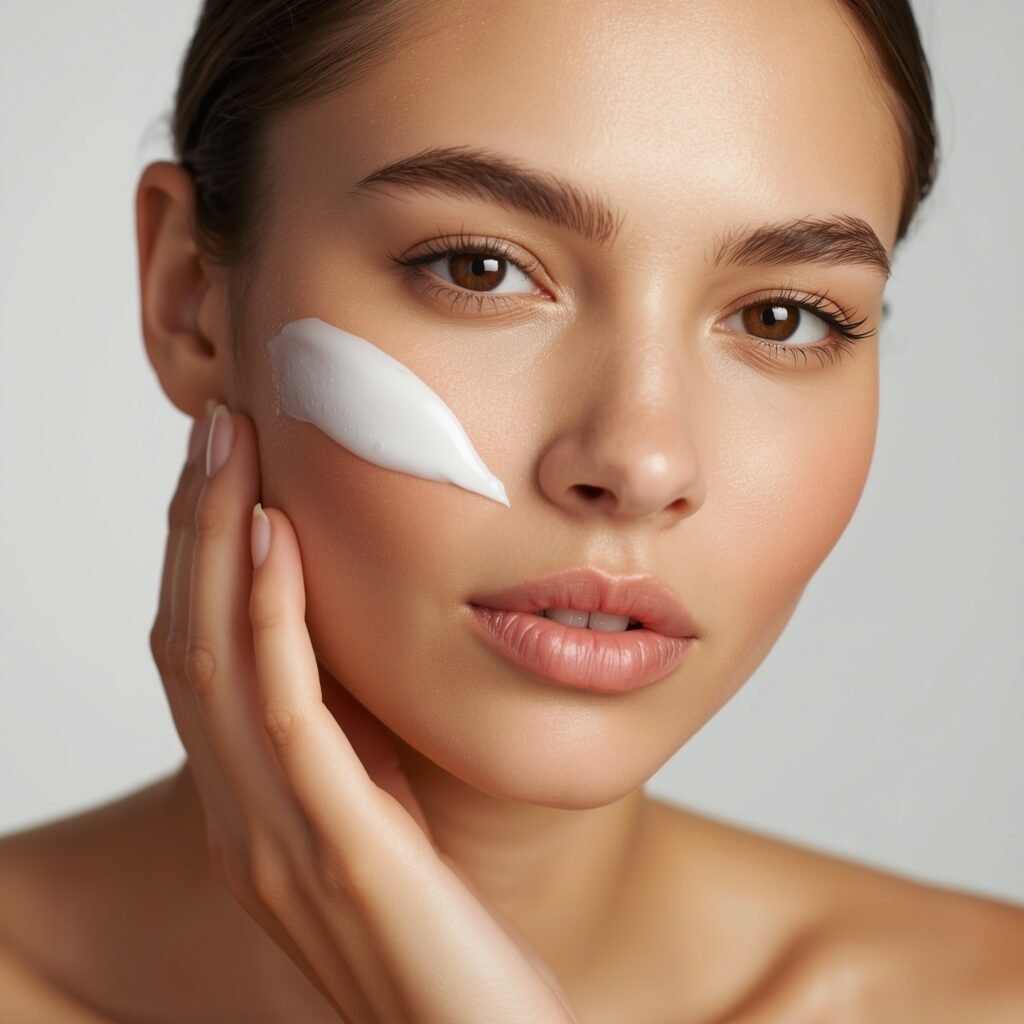 "Young woman applying natural cream to her face, representing clean DIY skincare with plant-based, chemical-free moisturizer recipes"