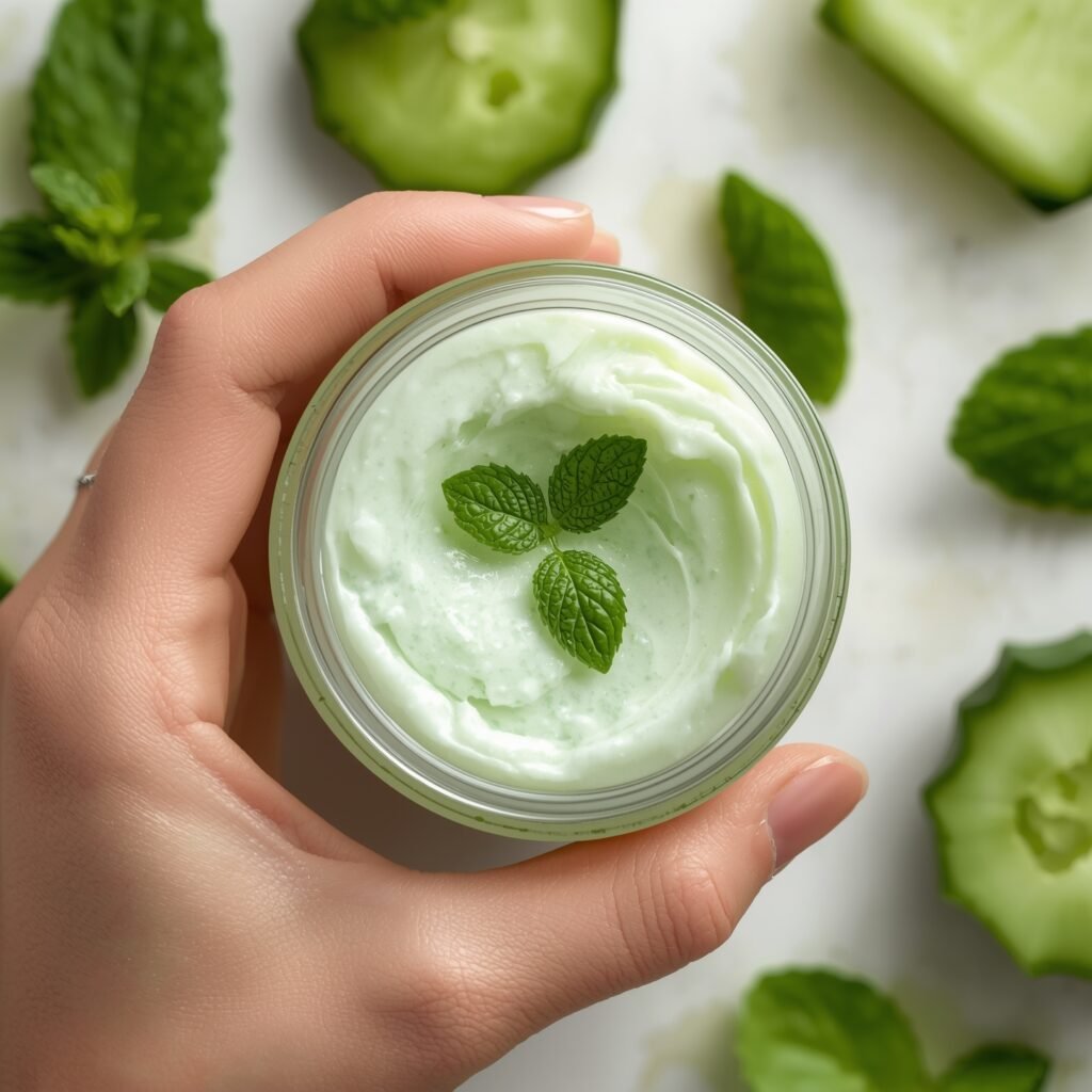 "Hand holding a jar of refreshing cucumber and mint gel-cream, a cooling homemade moisturizer for normal and combination skin."