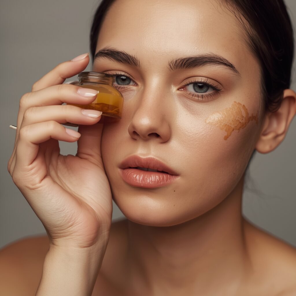 "Close-up of a woman applying homemade avocado and honey night cream, a nourishing blend for repairing dry and dehydrated skin."