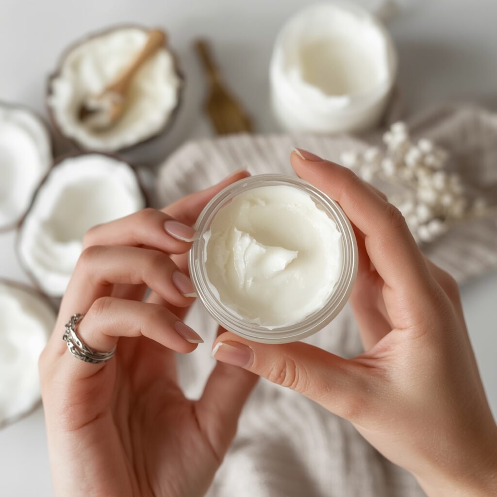 "Hands holding a small jar of homemade coconut and shea butter balm for dry and sensitive skin, part of clean DIY skincare recipes."