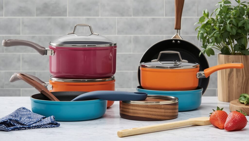 "Vibrant ceramic-coated pots and pans with soft-grip handles, ideal for budget-conscious home cooks"