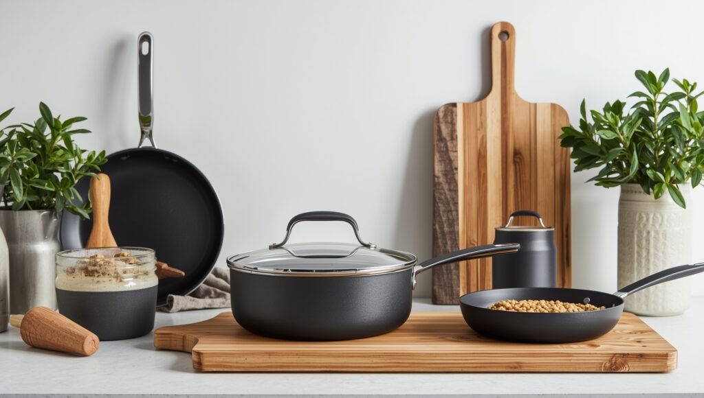Eco-safe pots and pans set on a wooden board with fresh herbs and kitchen tools, part of top home cook tested cookware brands 2025