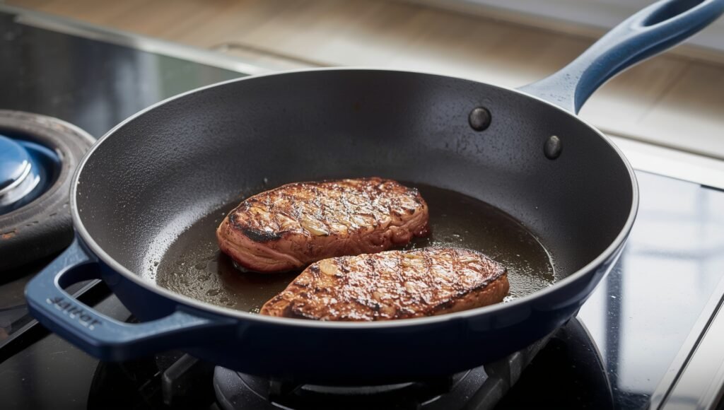 "Lightweight carbon steel skillet searing two steaks on a stovetop, ideal for high-heat cooking"
