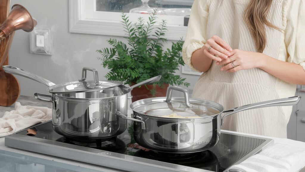 Shiny nickel-free stainless steel saucepans on an induction stove with steam rising, ideal for allergy-sensitive cooking