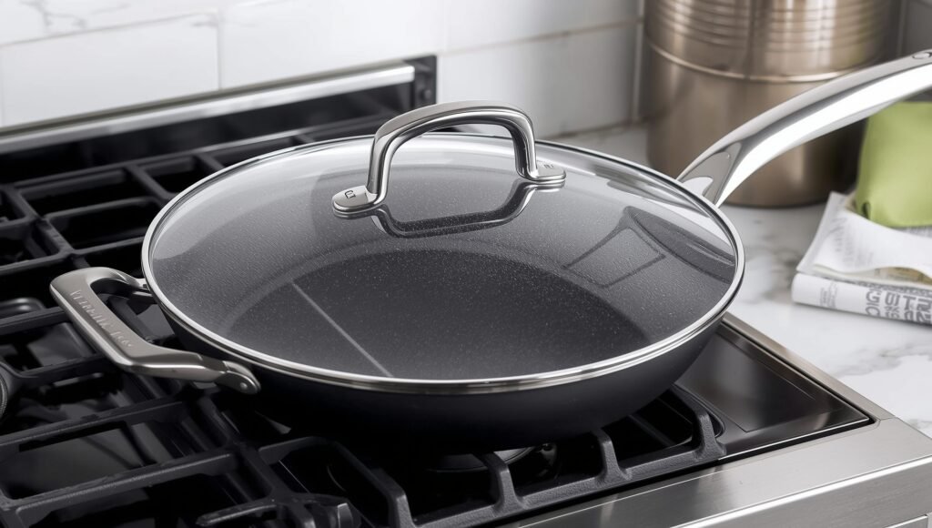 GreenPan Valencia Pro HD ceramic frying pan with glass lid on gas stove – durable non-toxic cookware tested by home cooks