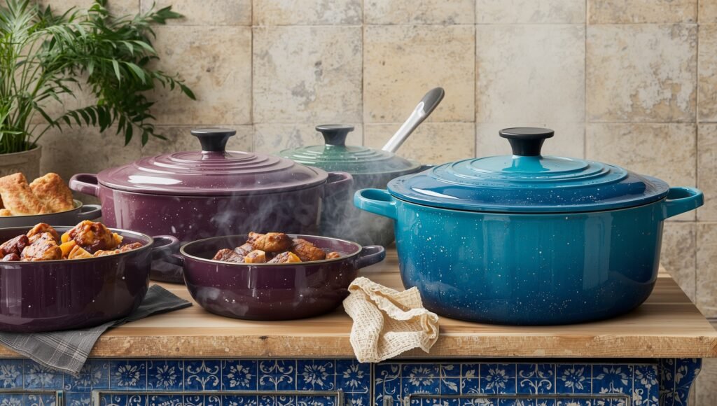 Le Creuset enameled cast iron Dutch ovens in vibrant colors filled with slow-cooked meals – premium non-toxic cookware tested by home cooks