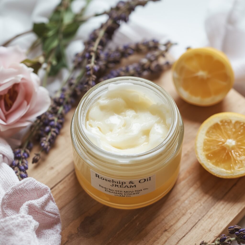 "Glass jar of rosehip and jojoba anti-aging cream surrounded by fresh lemons, lavender sprigs, and rose petals on a wooden surface"