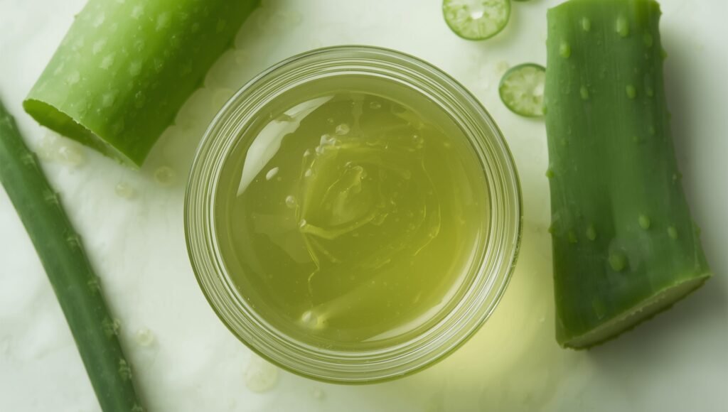 "Glass bowl of fresh aloe vera and green tea gel surrounded by aloe leaves, a light moisturizer for oily and combination skin"