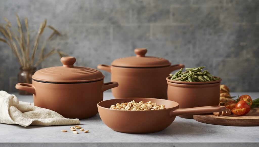 "Xtrema 100% pure ceramic pots and pans set with natural clay finish, ideal for slow cooking and toxin-free kitchen use"