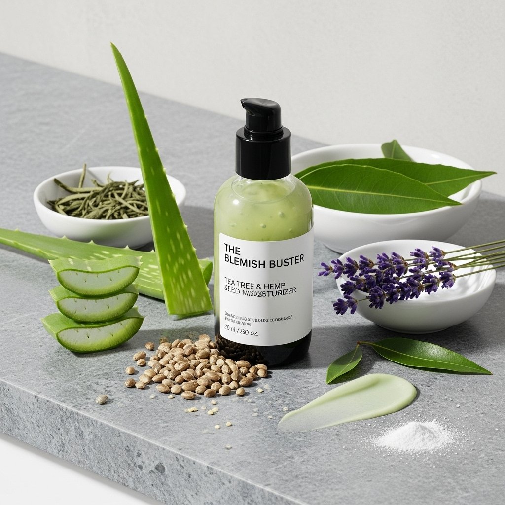 "Tea Tree and Hemp Seed Oil moisturizer for acne-prone skin, perfect for men’s grooming routines. Contains aloe vera, lavender, and witch hazel for soothing and reducing inflammation."