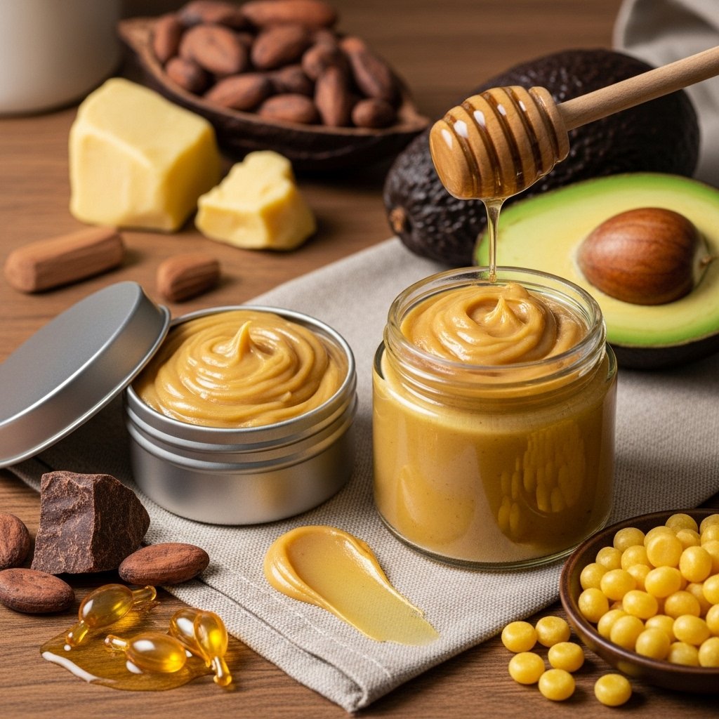 "Cocoa butter and avocado oil deep repair balm for very dry skin, lips, and elbows. A rich DIY balm for men’s grooming routines to heal and protect."