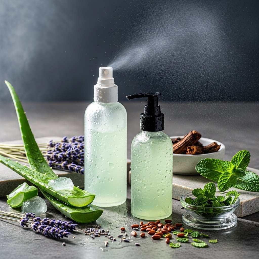 Example:"Cooling after-shave spray with aloe vera gel, lavender, witch hazel, and peppermint for soothing post-shave relief. Perfect for men’s skincare to reduce redness and inflammation."
