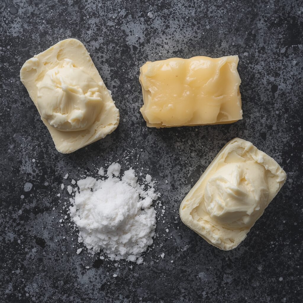 "Different butters like shea butter, cocoa butter, and mango butter, perfect for creating rich DIY grooming recipes for men’s moisturizing creams and body butters."