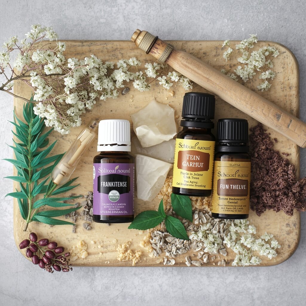 "Essential oils like Frankincense, Tea Tree, and Lavender, perfect for DIY grooming recipes for men. These oils offer therapeutic scents and skin benefits, ideal for men’s grooming routines."