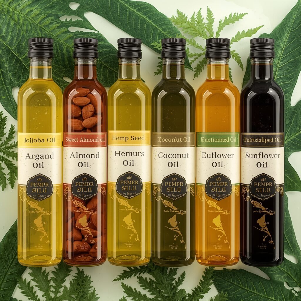 "Various carrier oils such as jojoba, almond, and argan oil in glass bottles, perfect for DIY grooming recipes for men. These oils are ideal for moisturizing and nourishing men's skin and beards."