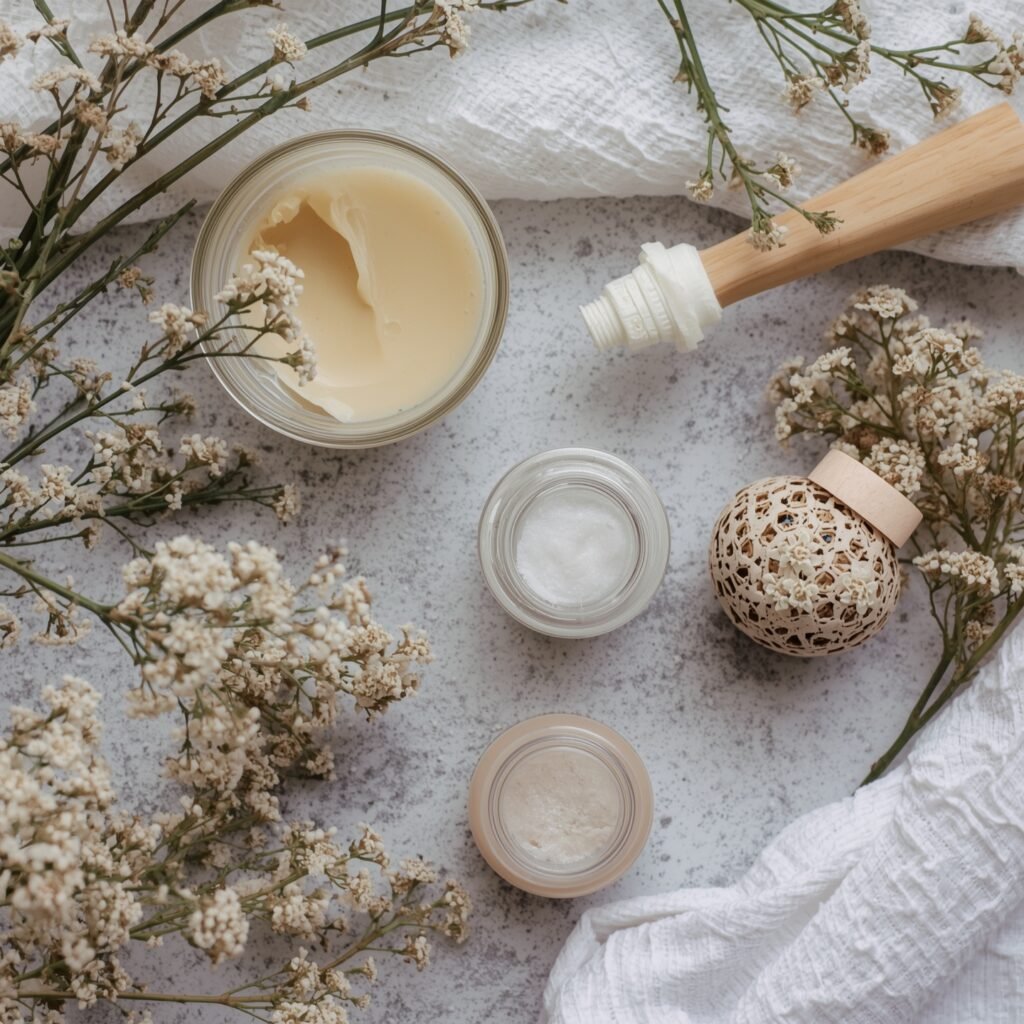 "Beeswax and Candelilla wax in natural jars, essential ingredients for DIY grooming recipes for men. These waxes help create protective barriers in creams and balms."