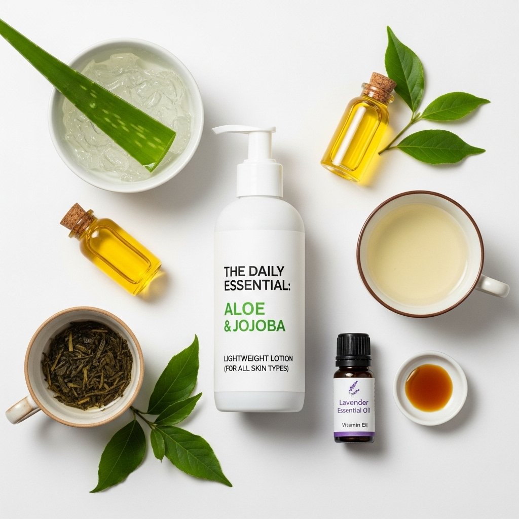 "Homemade lightweight lotion made with Aloe Vera, Jojoba oil, and Vitamin E, perfect for moisturizing and balancing men’s skin."