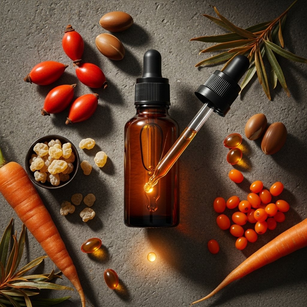 "Rosehip oil, frankincense, and sea buckthorn serum for men’s skincare. A rejuvenating serum that firms, regenerates, and fades scars for mature or damaged skin."