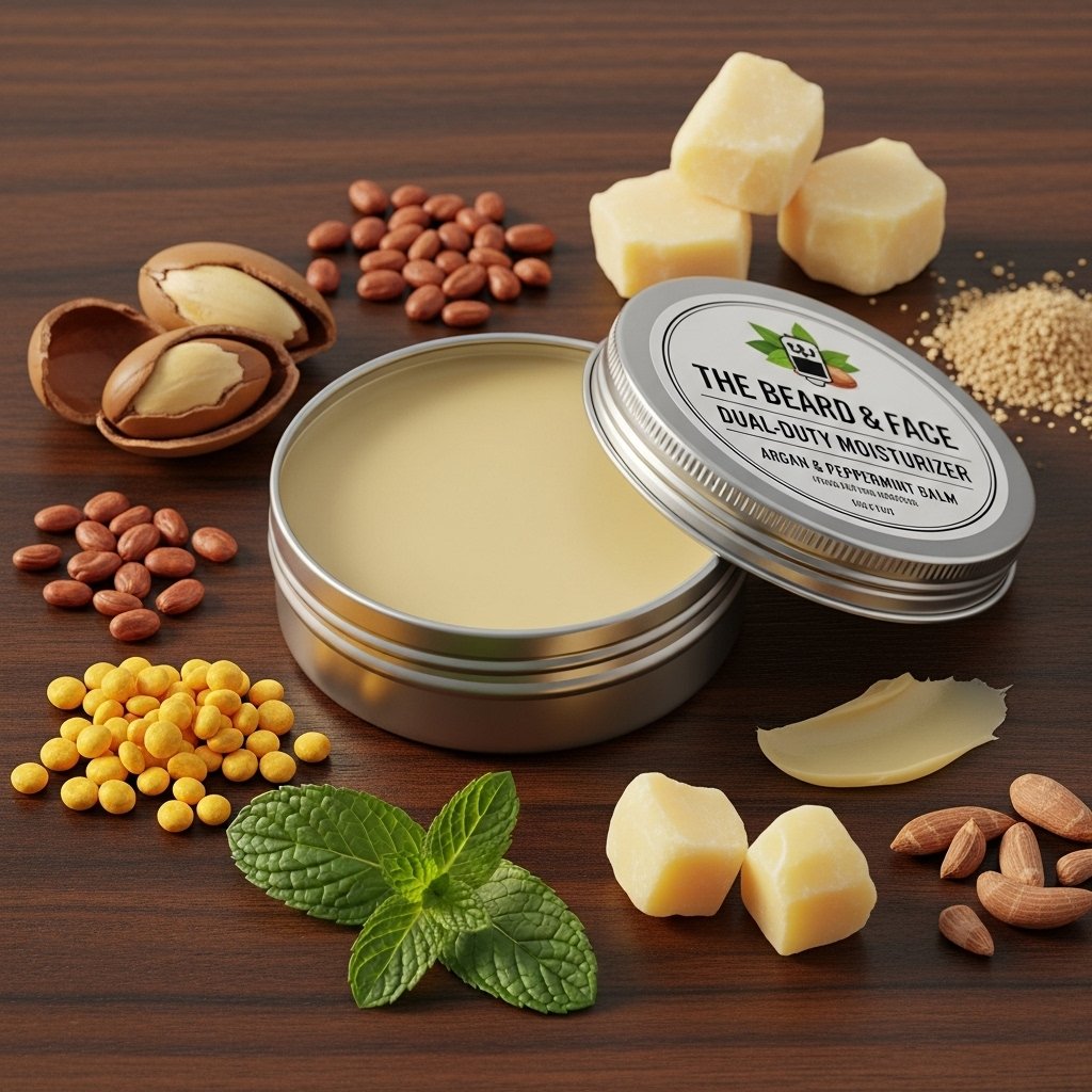 "DIY Argan and Peppermint beard balm for men, perfect for moisturizing both beard hair and the dry skin underneath. Natural ingredients like jojoba oil and beeswax for a soft, nourished beard."